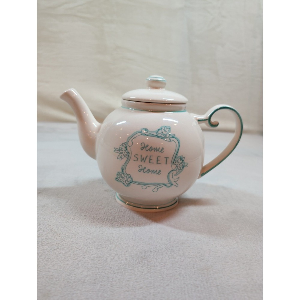 Katie Mandy Home Sweet Home Ceramic Teapot White Teal Floral Cottagecore - Picture 2 of 8